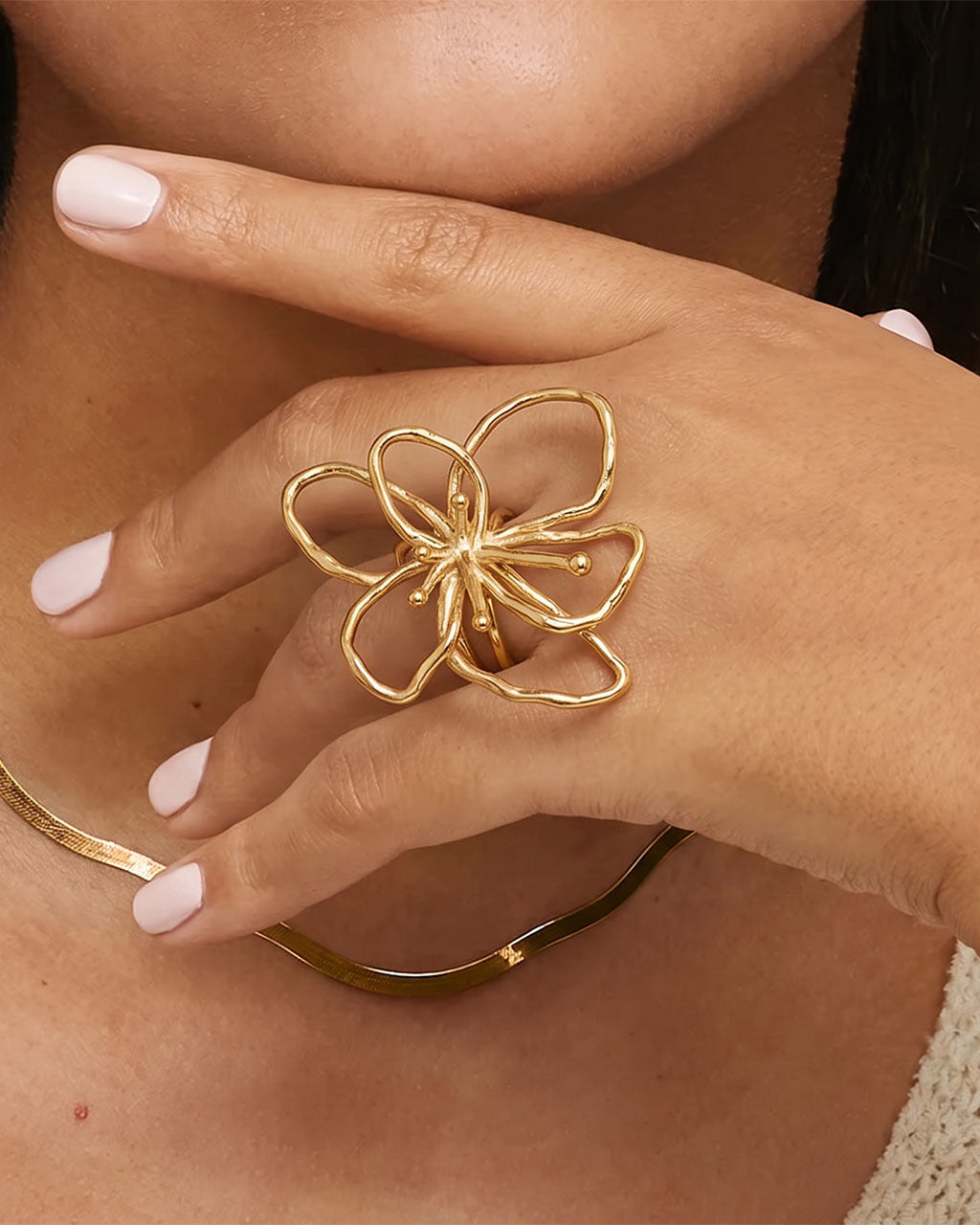 Organic Wire Flower Chunky Open Waterproof Gold Ring