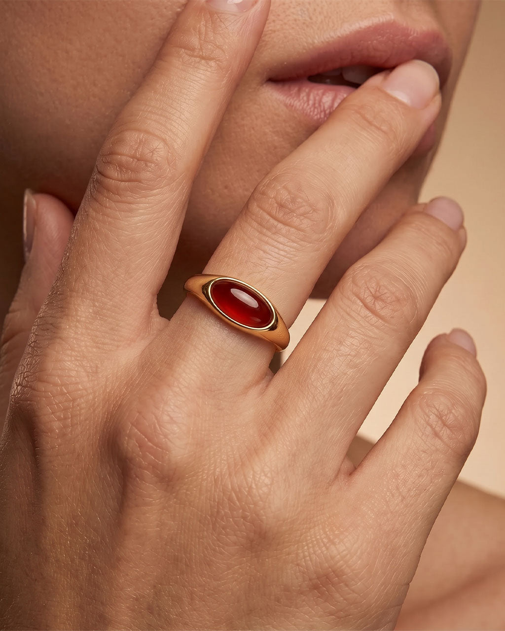 Oval Cut Agate Cabochon Dome Waterproof Gold Ring