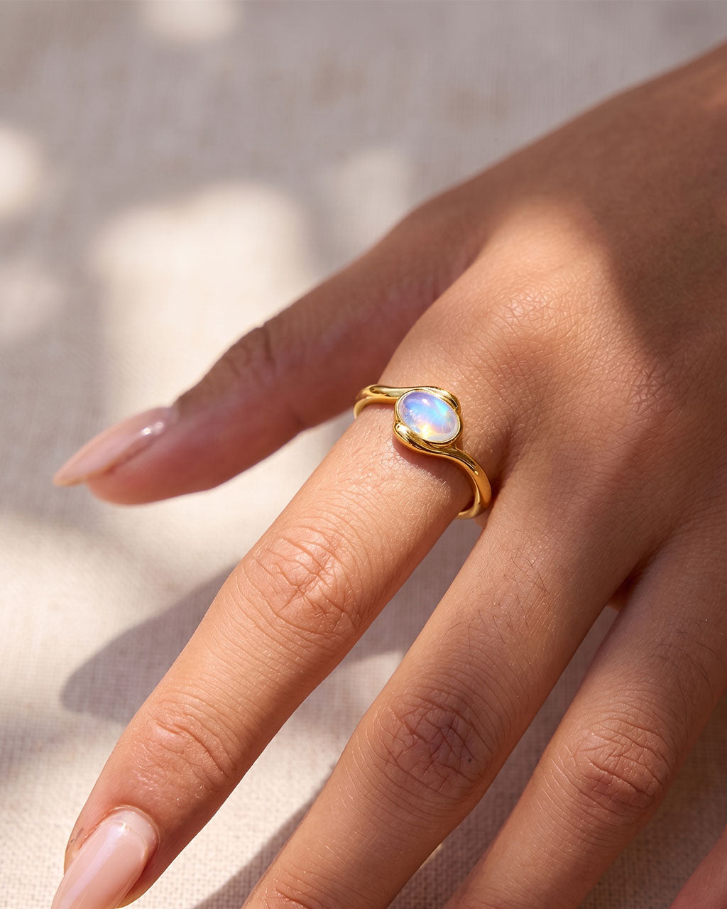 Oval Cut Moonstone Cabochon Swirl Waterproof Gold Ring