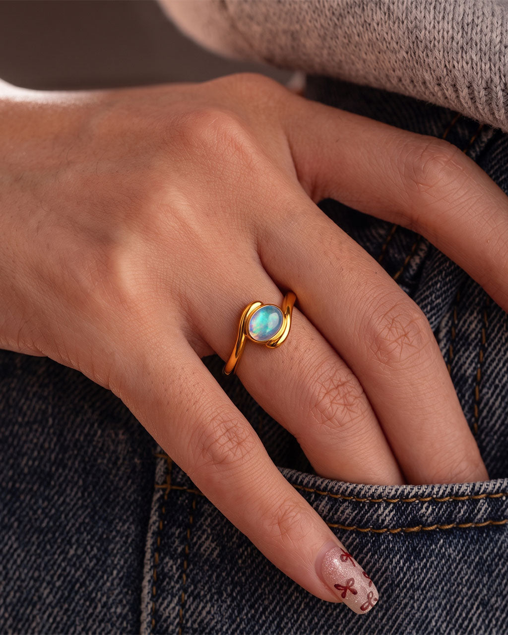 Oval Cut Moonstone Cabochon Swirl Waterproof Gold Ring