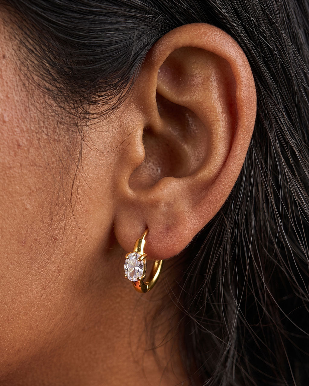 Oval Cut Solitaire Huggie Hoop Waterproof Gold Earrings