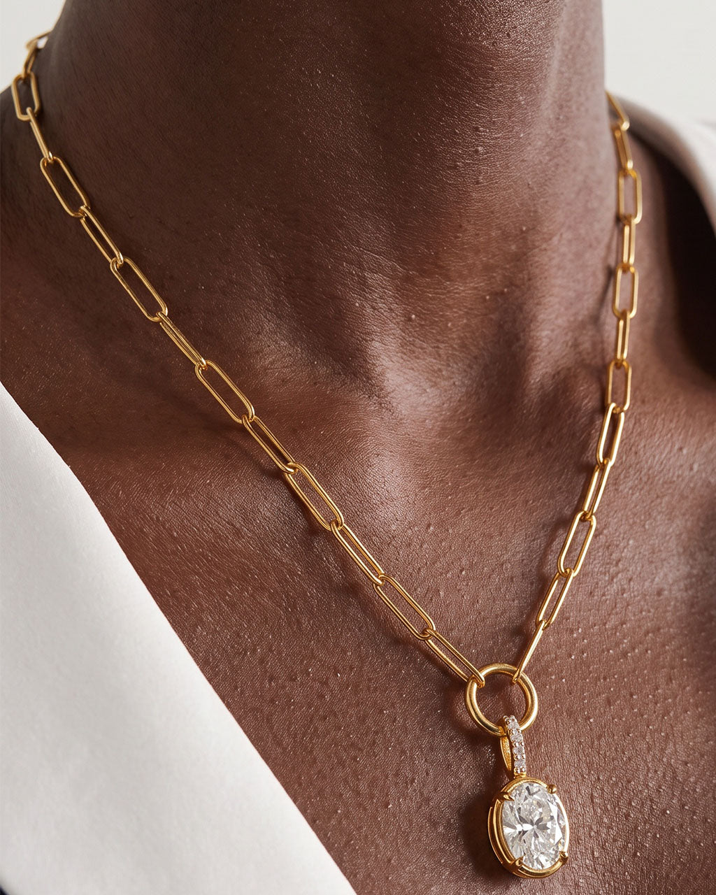 Oval Solitaire Paperclip Chain Waterproof Gold Necklace