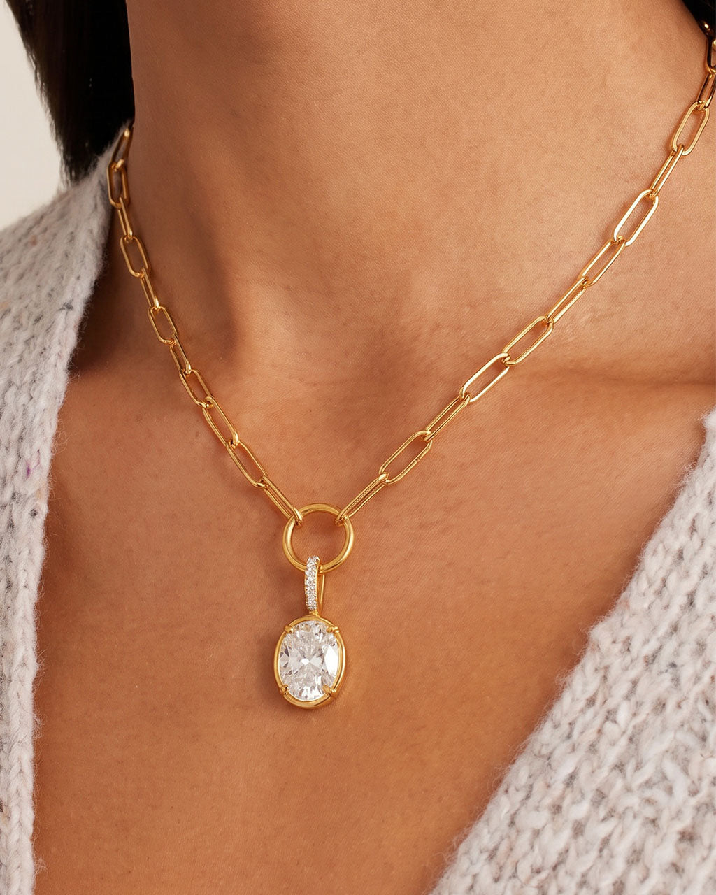 Oval Solitaire Paperclip Chain Waterproof Gold Necklace