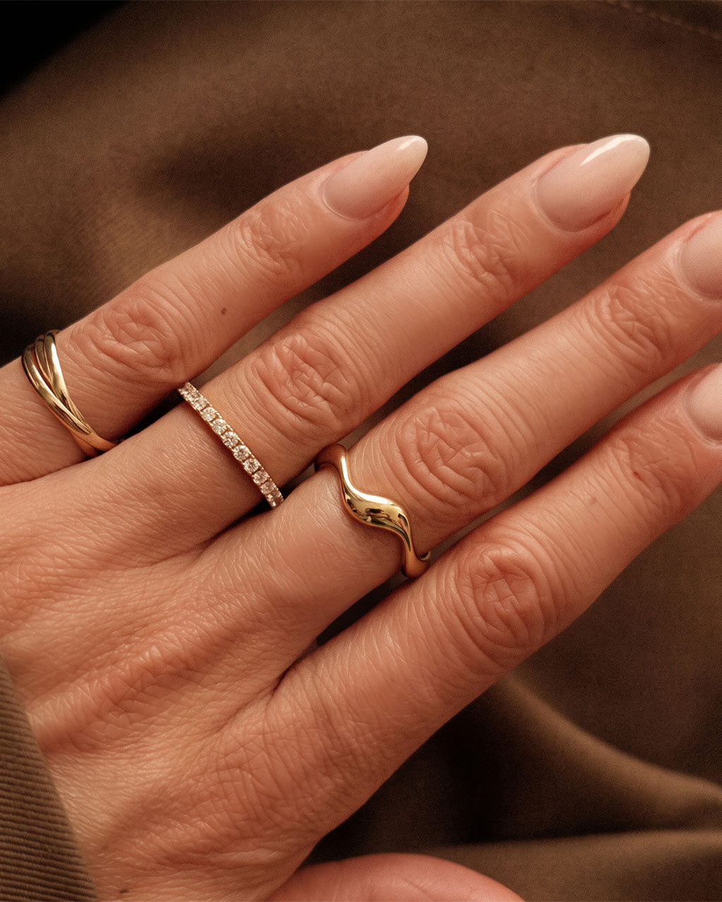 Overlapping Organic Ocean Wave Waterproof Gold Ring