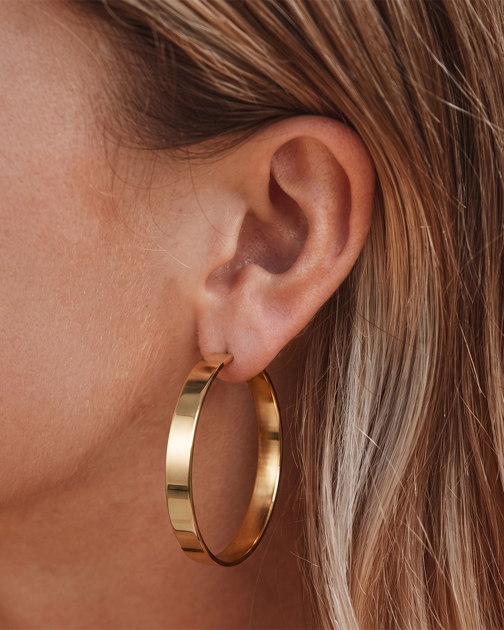 Oversized Flat C Hoop Stud Waterproof Gold Earrings