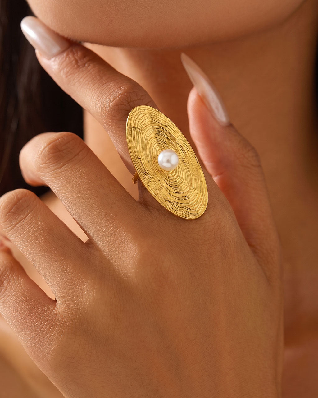 Oversized Lily Pad Pearl Open Waterproof Gold Ring