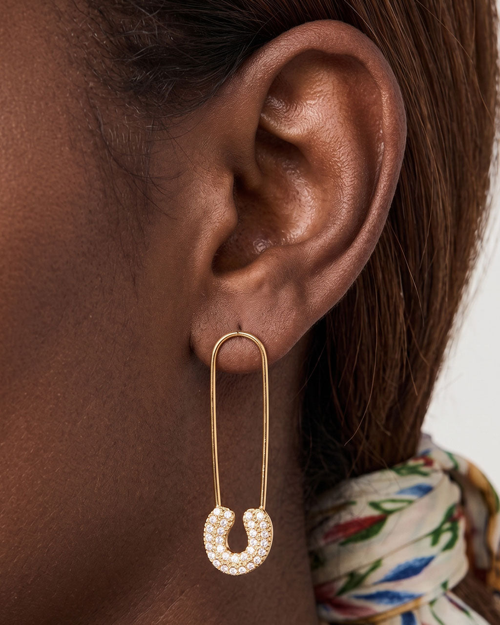 Oversized Pavé Safety Pin Waterproof Gold Earrings