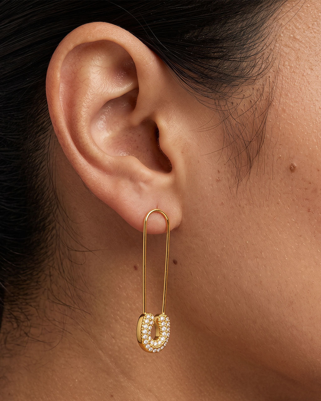 Oversized Pavé Safety Pin Waterproof Gold Earrings