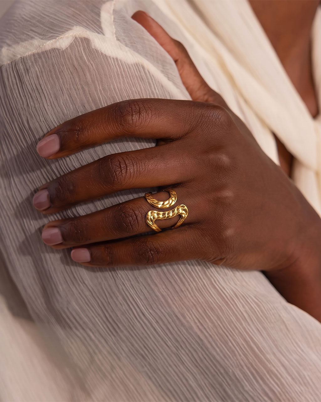 Oversized Textured Swirl Open Waterproof Gold Ring