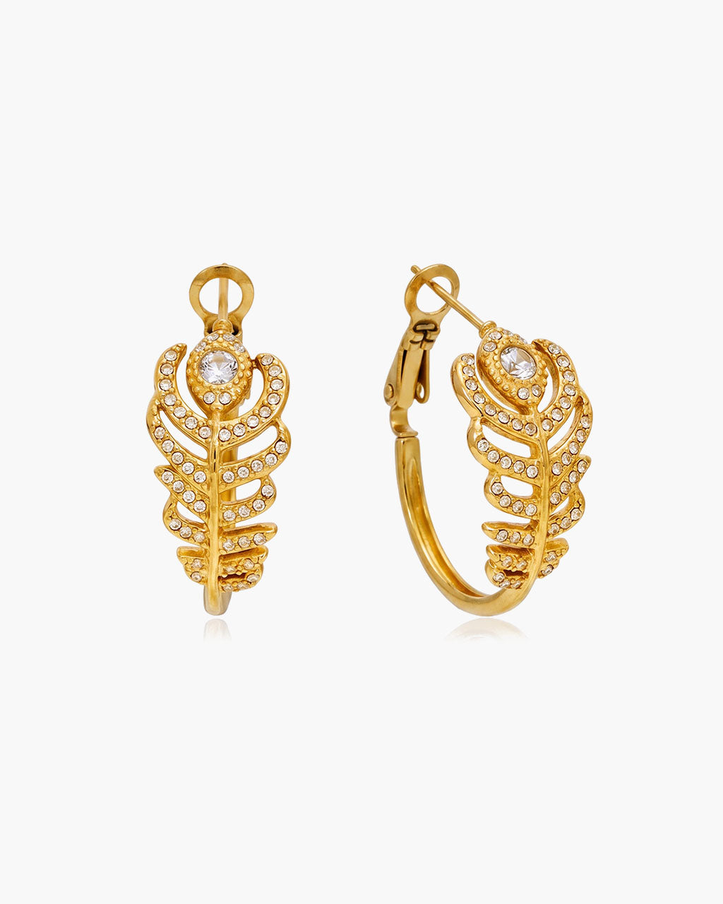 Pavé Feather Statement Hoop Waterproof Gold Earrings
