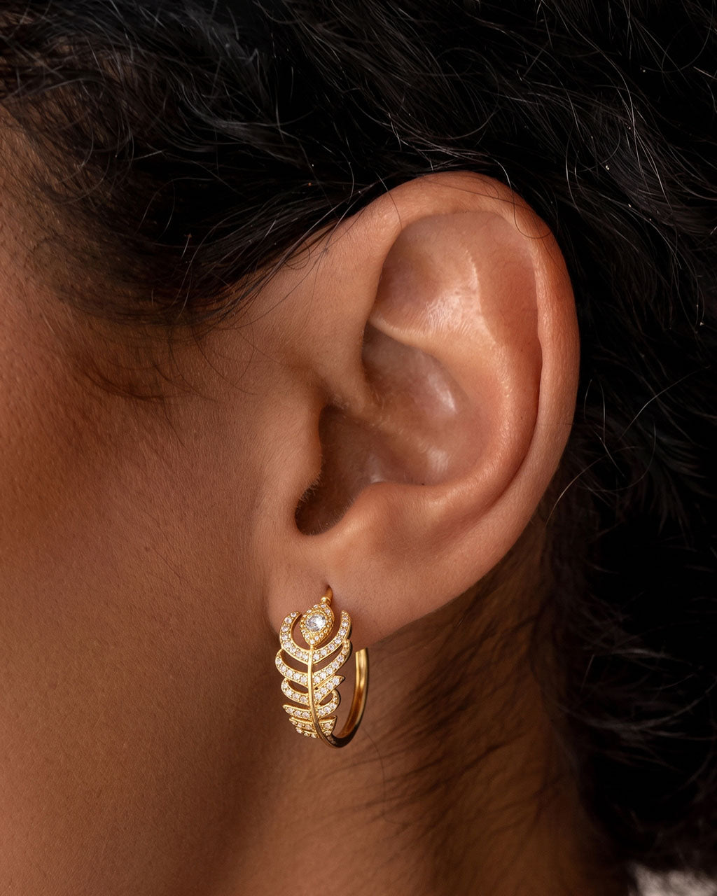 Pavé Feather Statement Hoop Waterproof Gold Earrings