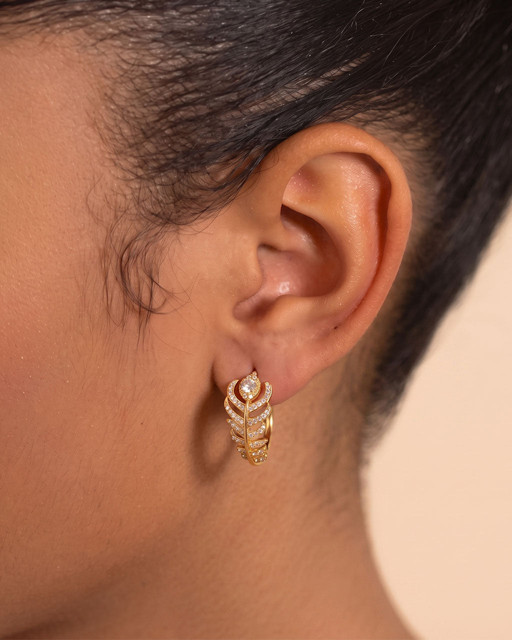 Pavé Feather Statement Hoop Waterproof Gold Earrings