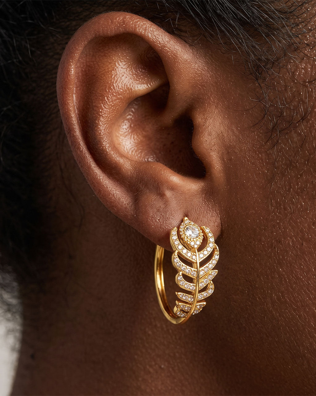 Pavé Feather Statement Hoop Waterproof Gold Earrings
