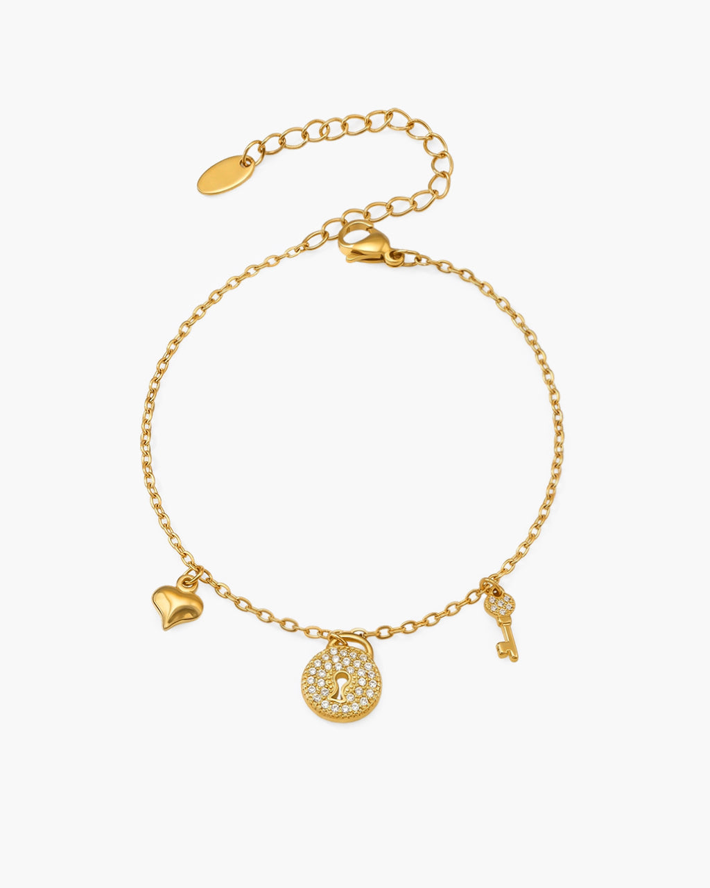 Pavé Lock & Key Heart Charm Waterproof Gold Bracelet