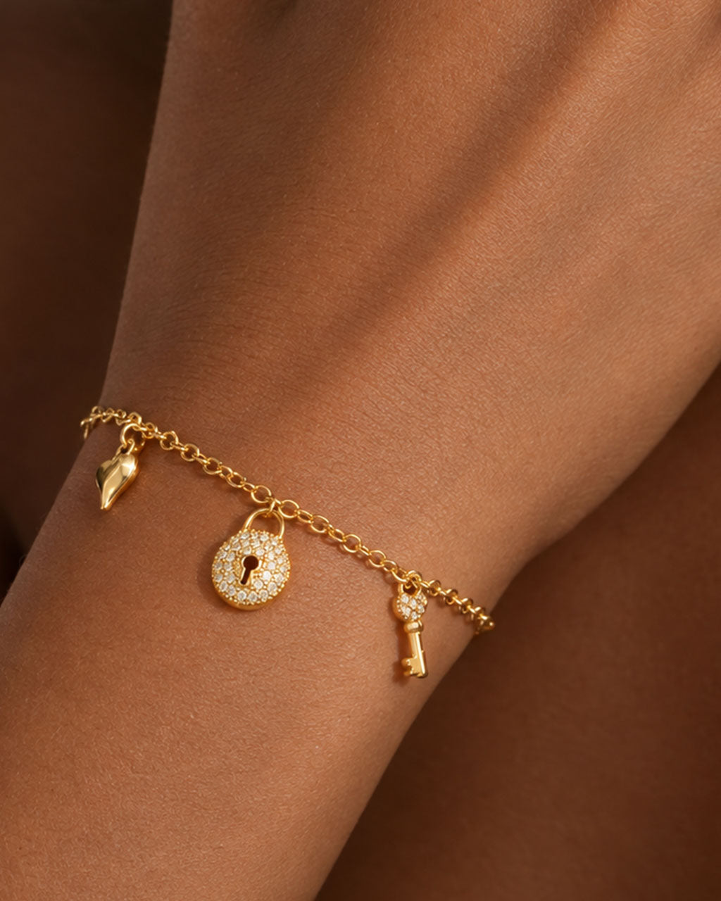 Pavé Lock & Key Heart Charm Waterproof Gold Bracelet