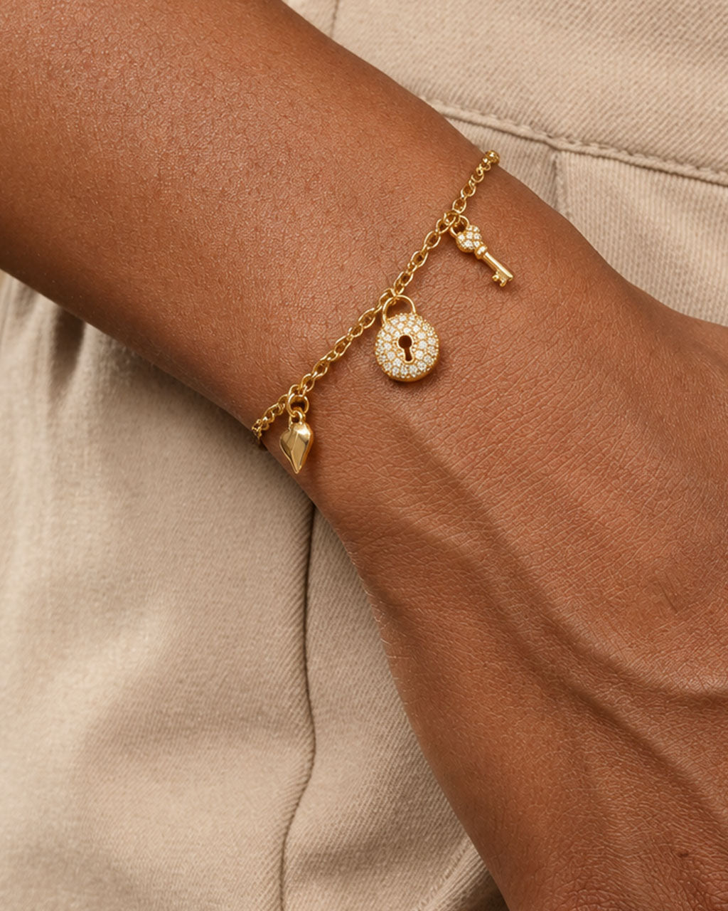 Pavé Lock & Key Heart Charm Waterproof Gold Bracelet