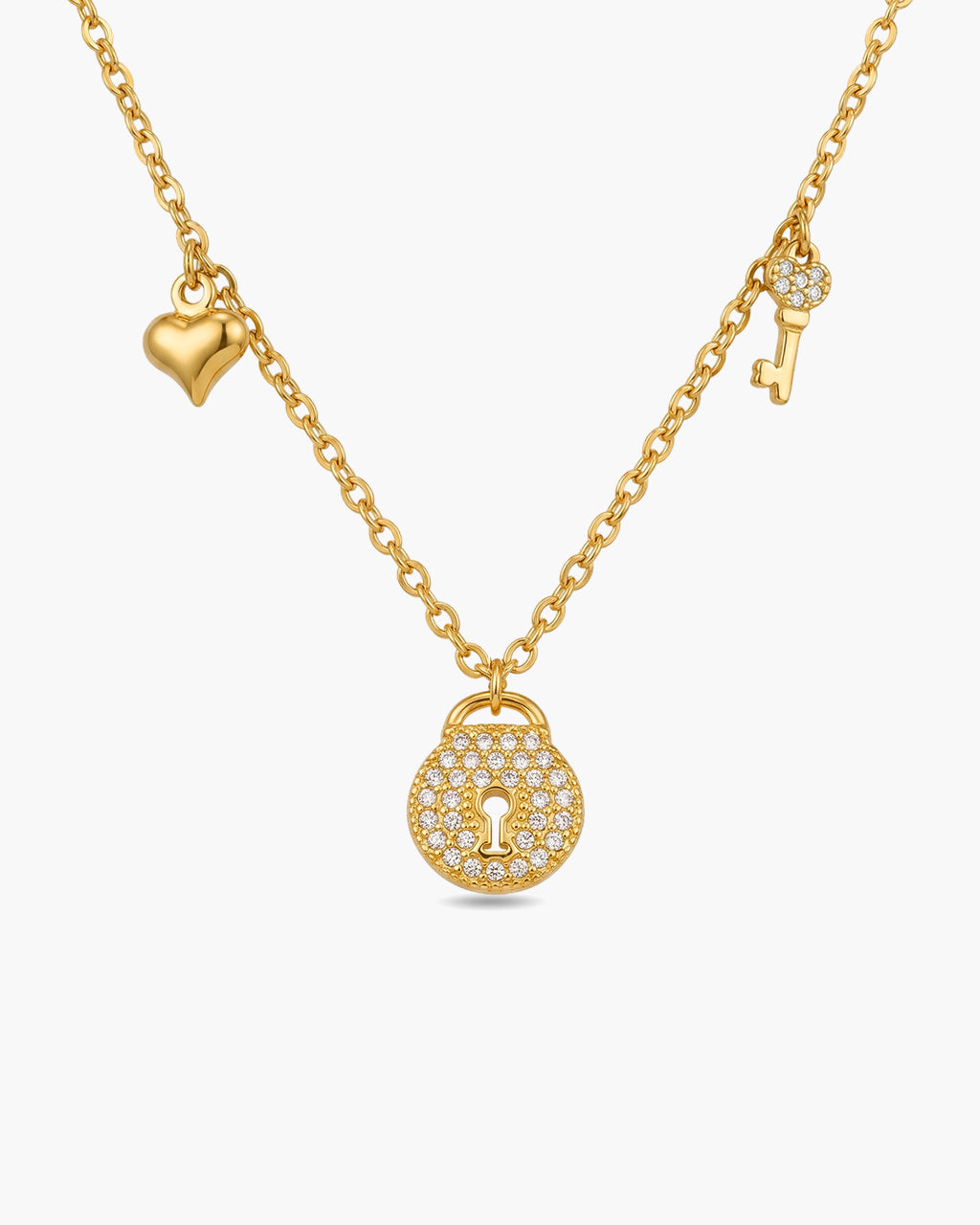 Pavé Lock & Key Heart Charm Waterproof Gold Necklace