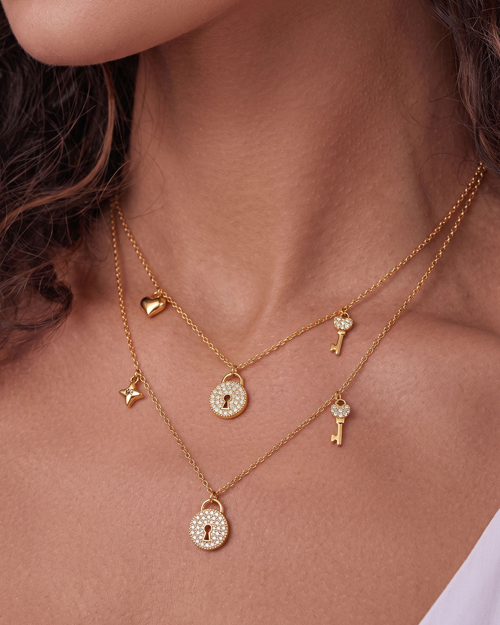 Pavé Lock & Key Heart Charm Waterproof Gold Necklace