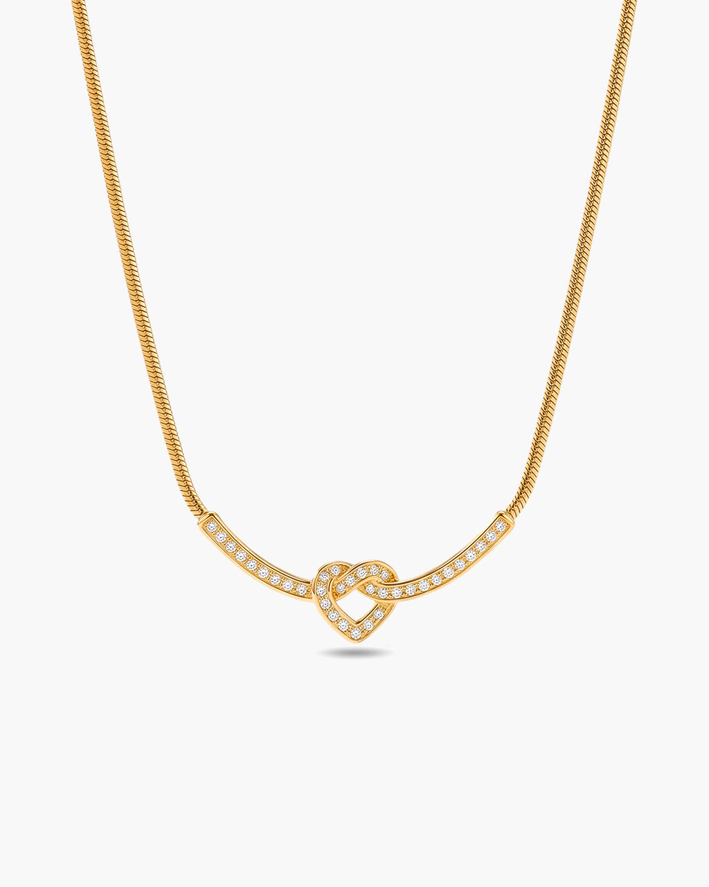 Pavé Love Knot Heart Bar Waterproof Gold Necklace