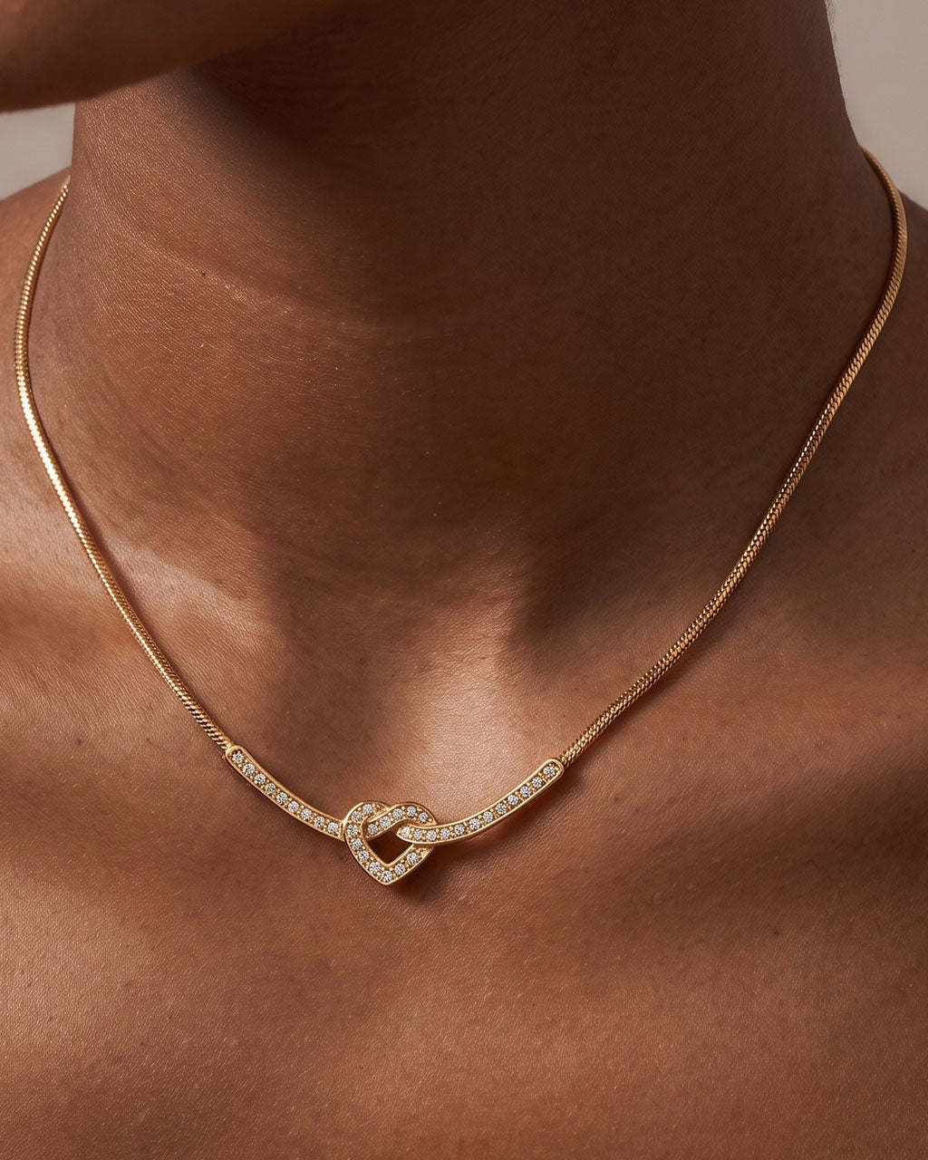 Pavé Love Knot Heart Bar Waterproof Gold Necklace