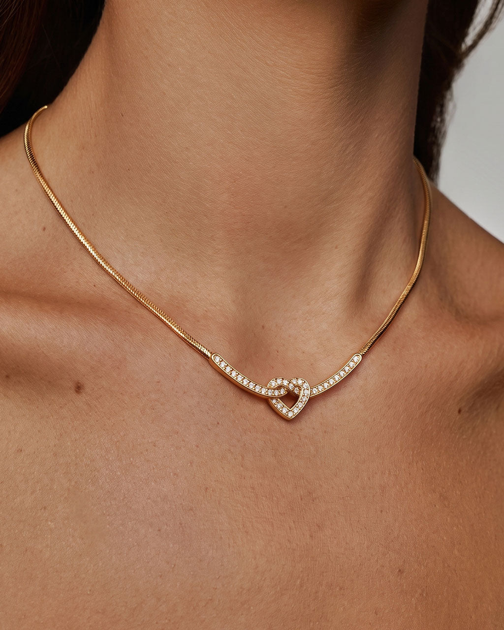 Pavé Love Knot Heart Bar Waterproof Gold Necklace