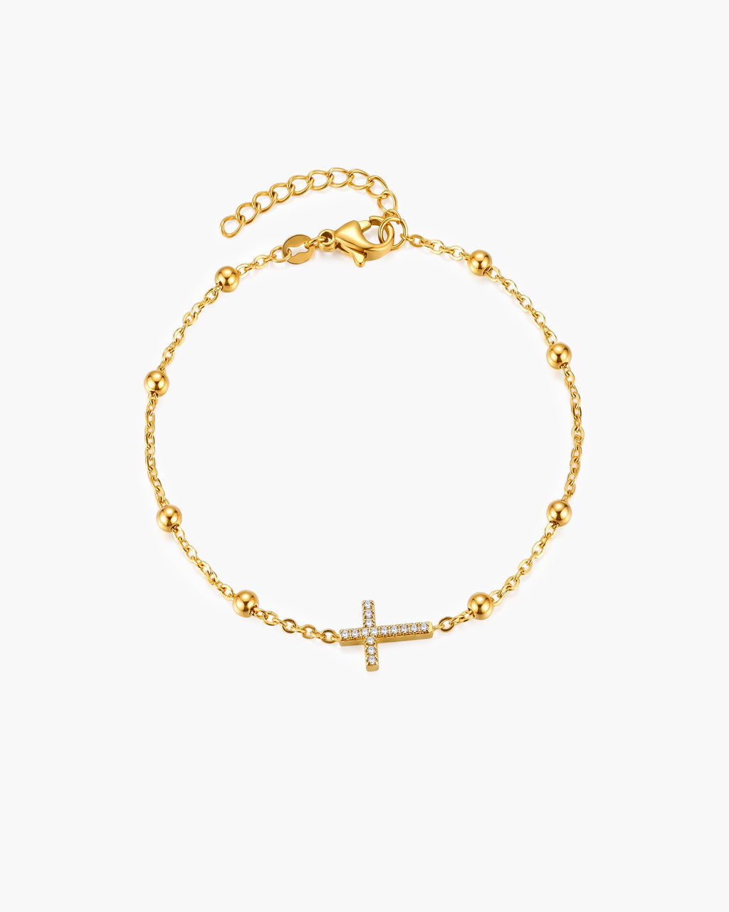 Pavé Sideways Cross Beaded Waterproof Gold Bracelet