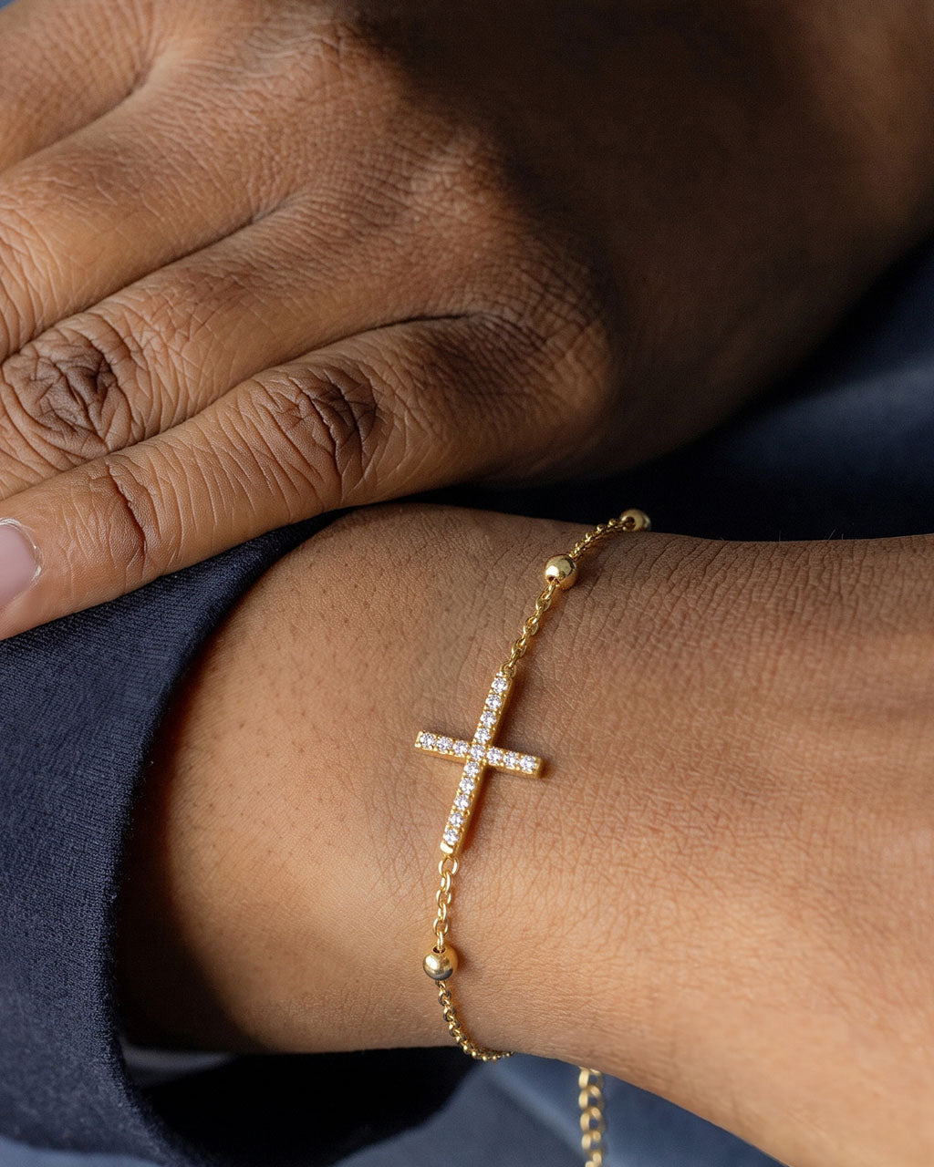 Pavé Sideways Cross Beaded Waterproof Gold Bracelet