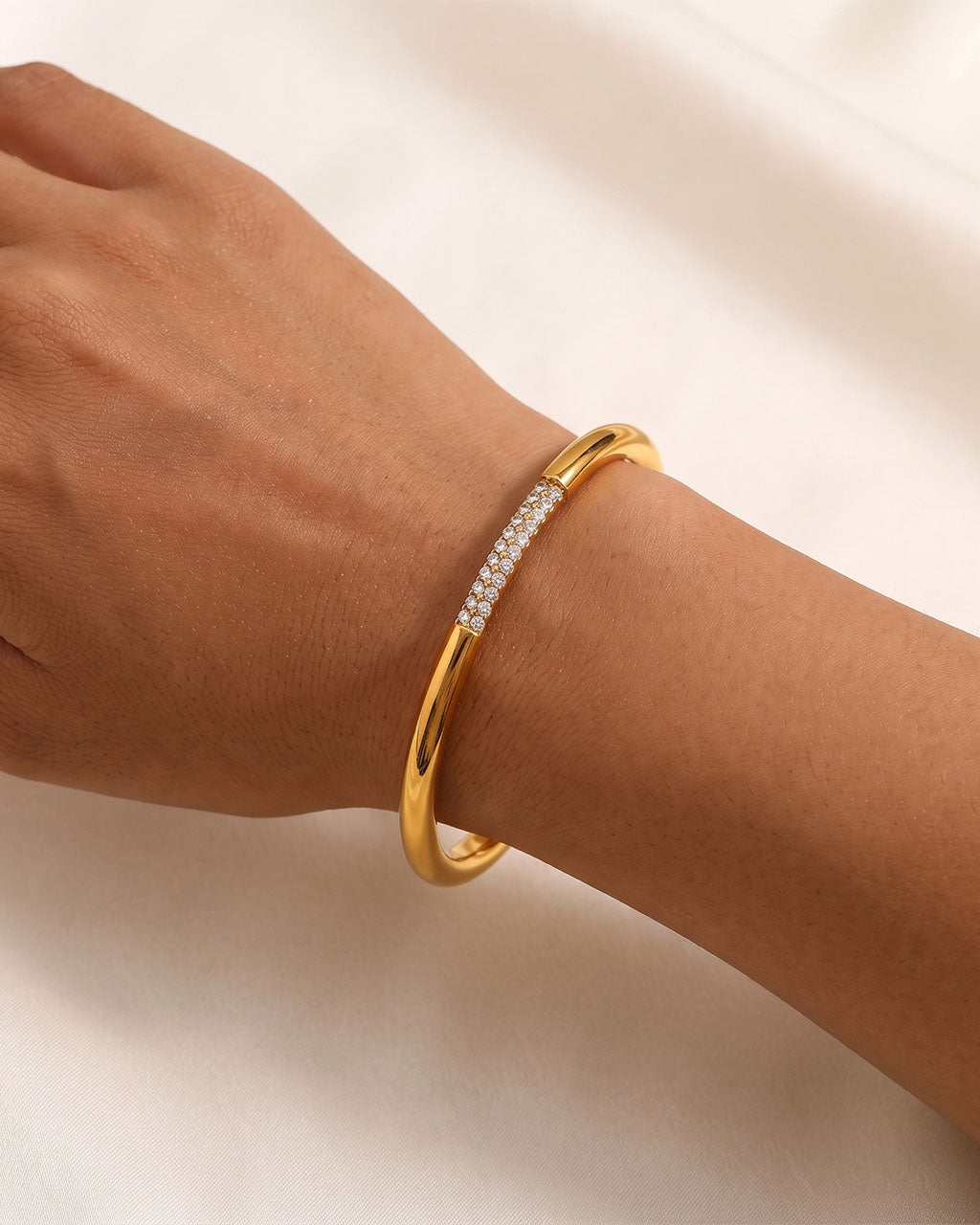 Pave Simulated Diamond Bar Cuff Waterproof Gold Bangle