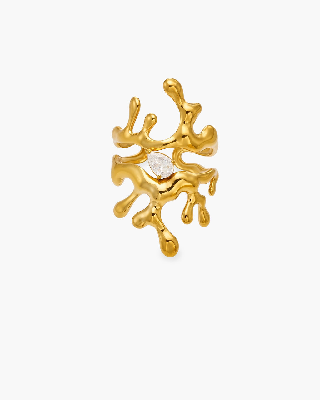Pear Cut Coral Statement Open Waterproof Gold Ring