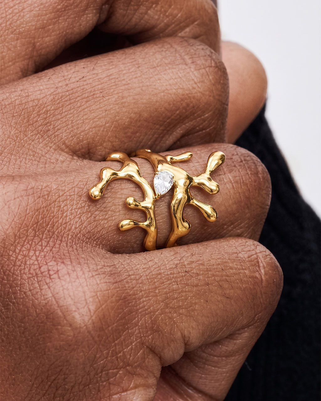 Pear Cut Coral Statement Open Waterproof Gold Ring