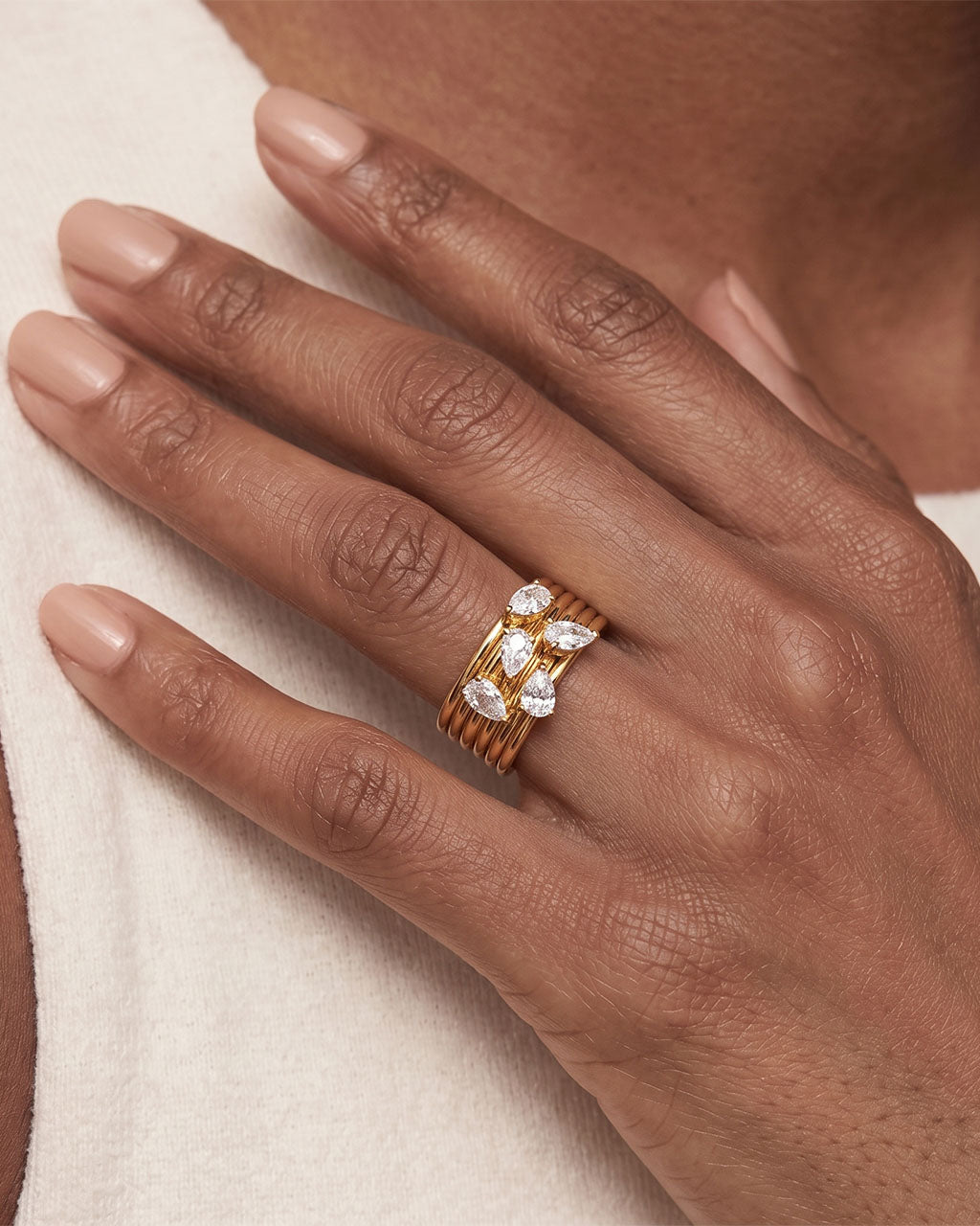 Pear Cut Five Stone Multi Ribbed Waterproof Gold Ring