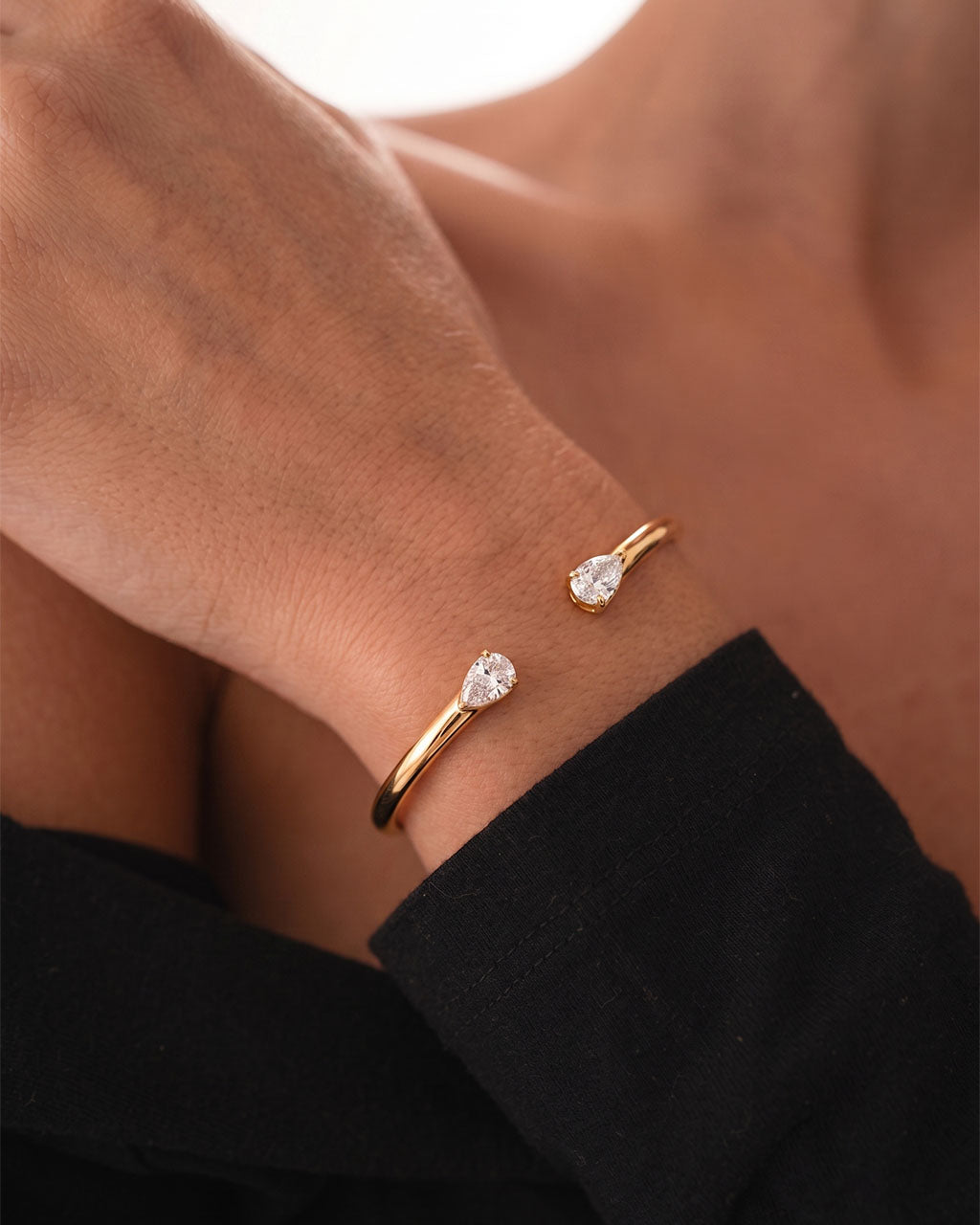 Pear Cut Simulated Diamond Cuff Waterproof Gold Bangle