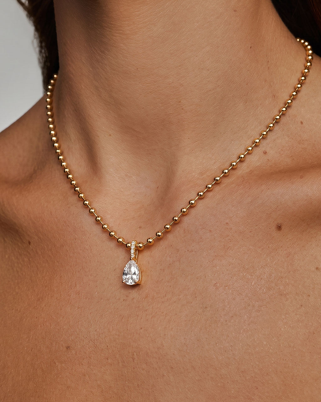 Pear Cut Solitaire Beaded Waterproof Gold Necklace