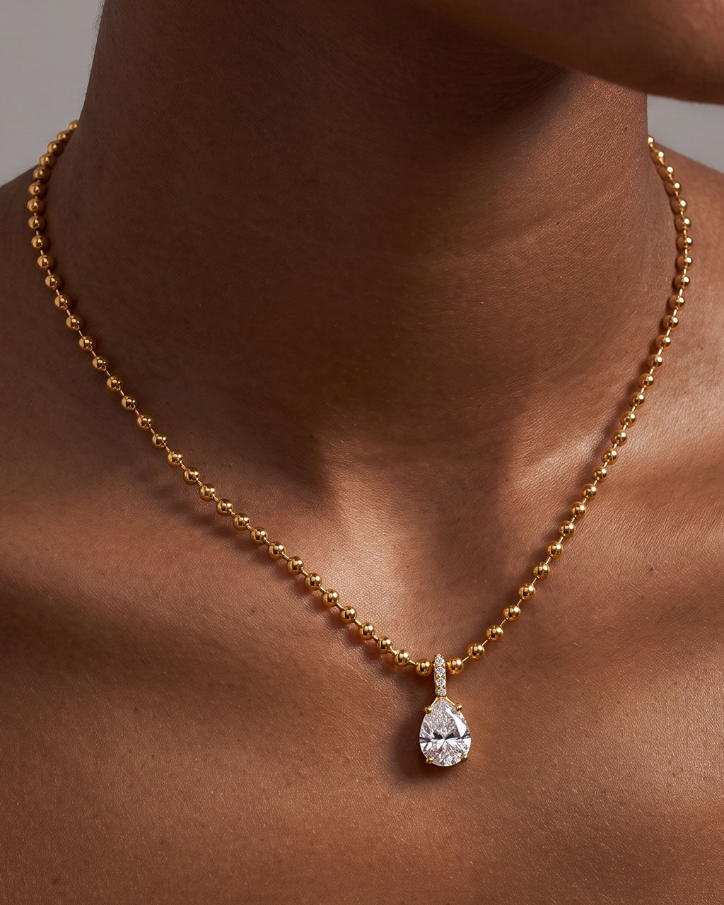 Pear Cut Solitaire Beaded Waterproof Gold Necklace