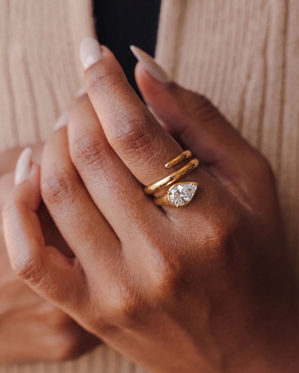Pear Cut Solitaire Spiral Wrap Waterproof Gold Ring
