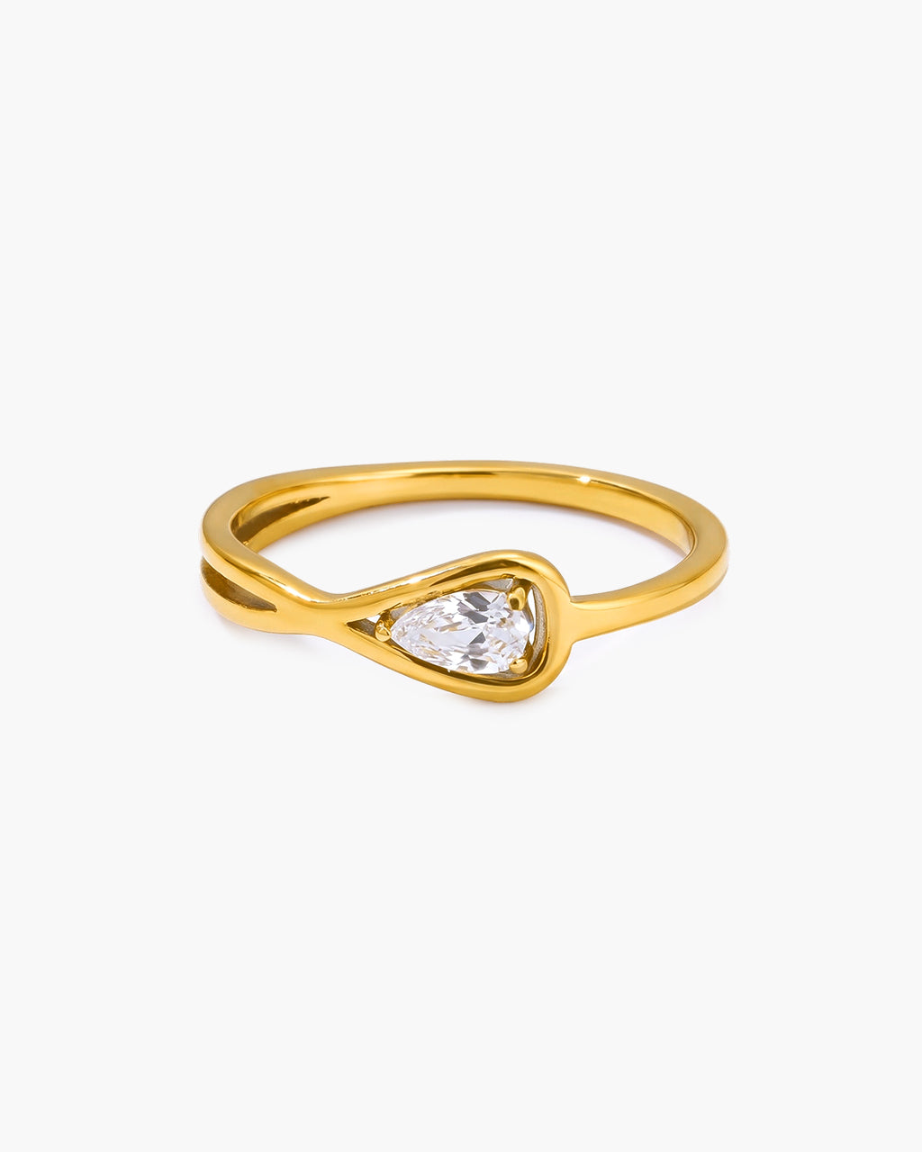Pear Cut Solitaire Split Shank Waterproof Gold Ring