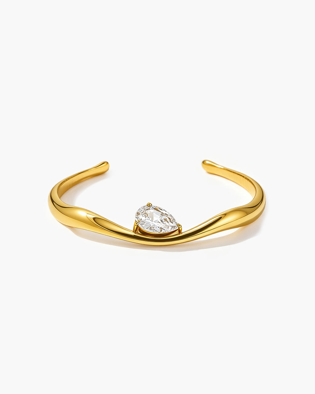 Pear Cut Stone Curved Open Cuff Waterproof Gold Bangle