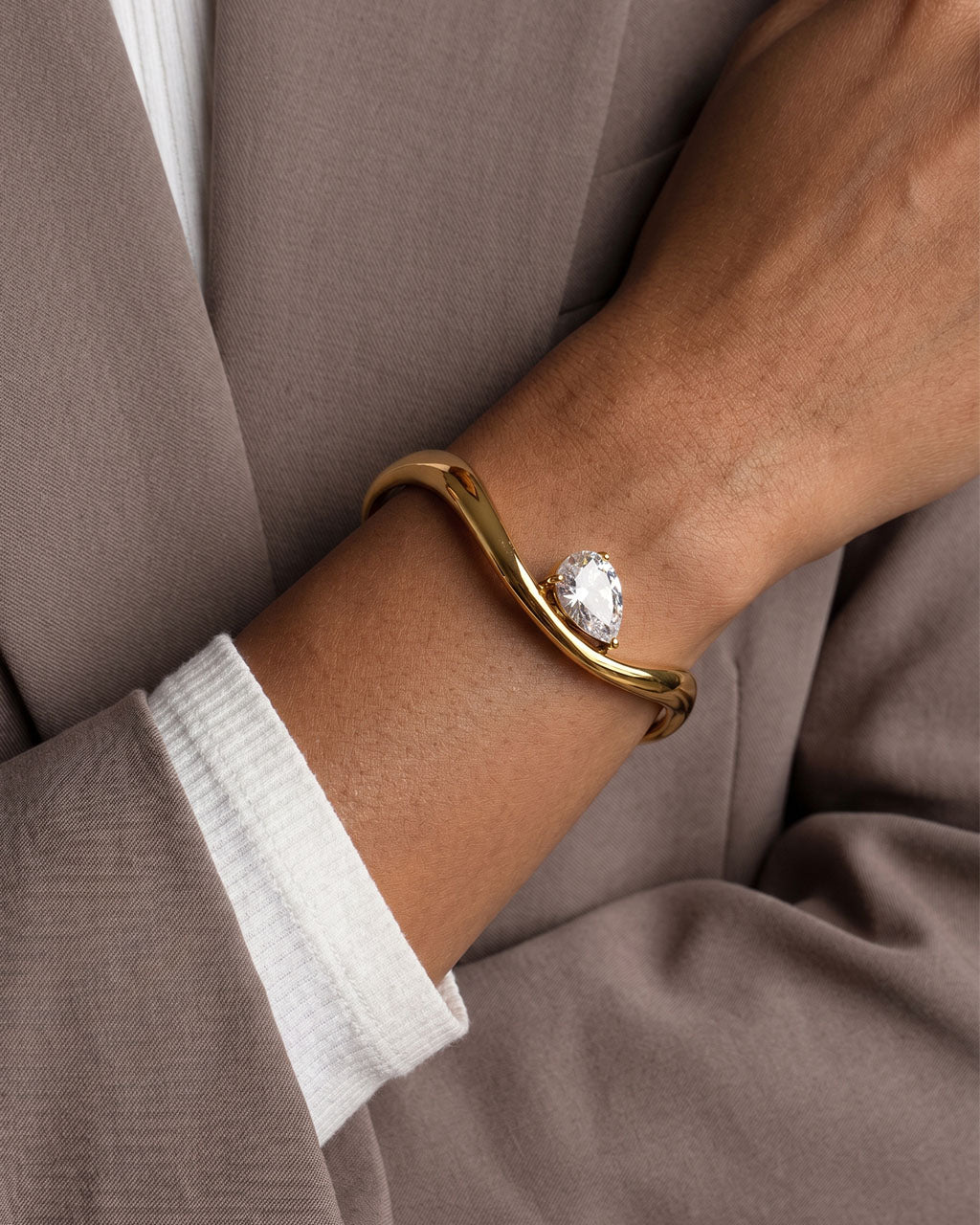 Pear Cut Stone Curved Open Cuff Waterproof Gold Bangle