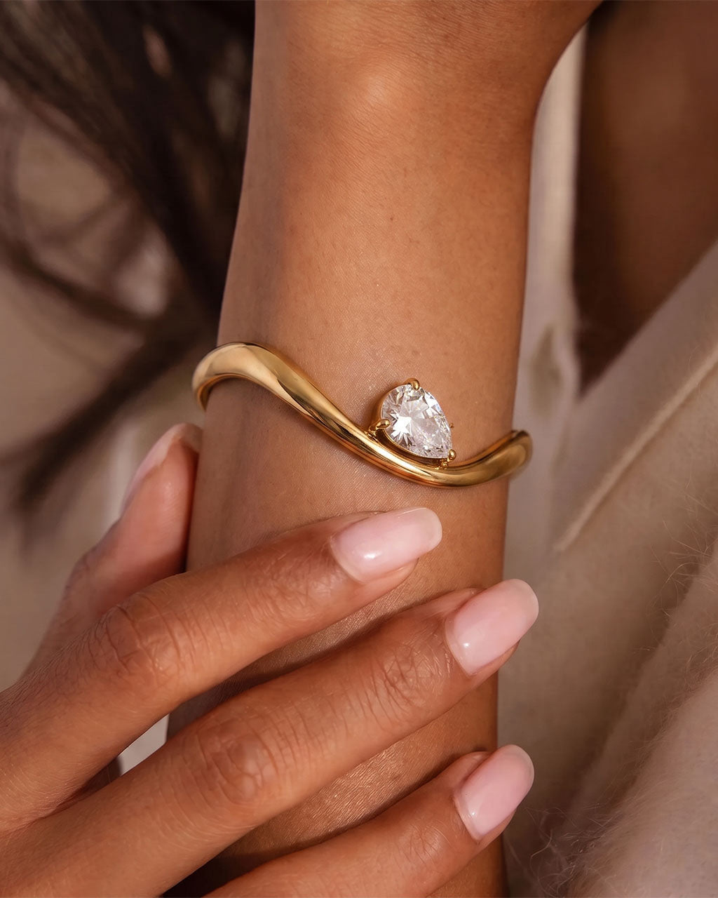 Pear Cut Stone Curved Open Cuff Waterproof Gold Bangle