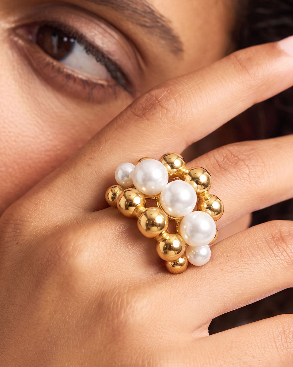 Pearl & Bead Illusion Statement Waterproof Gold Ring