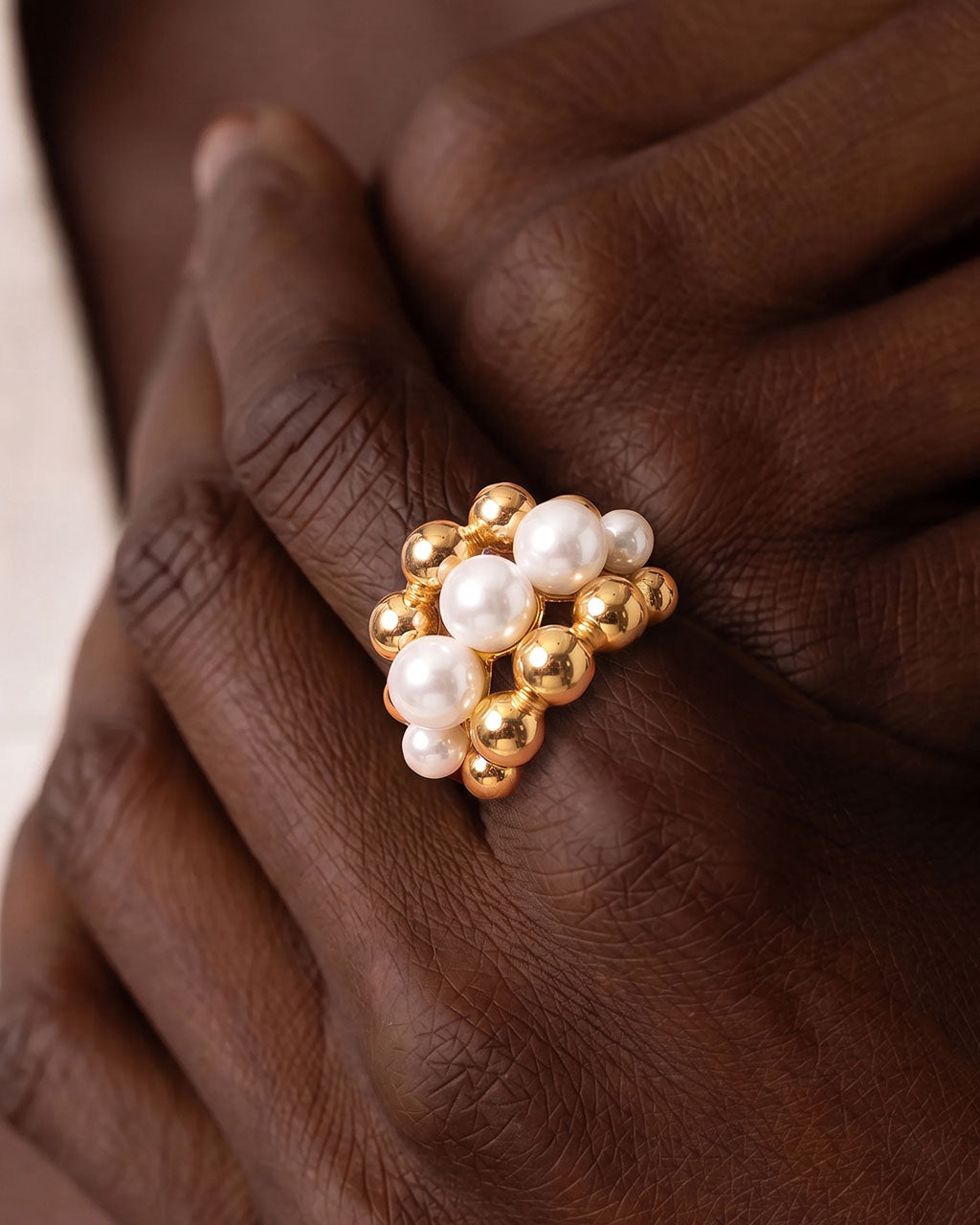 Pearl & Bead Illusion Statement Waterproof Gold Ring
