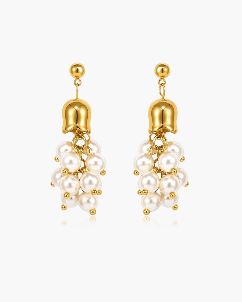 Pearl Cluster Bell Flower Drop Waterproof Gold Earrings