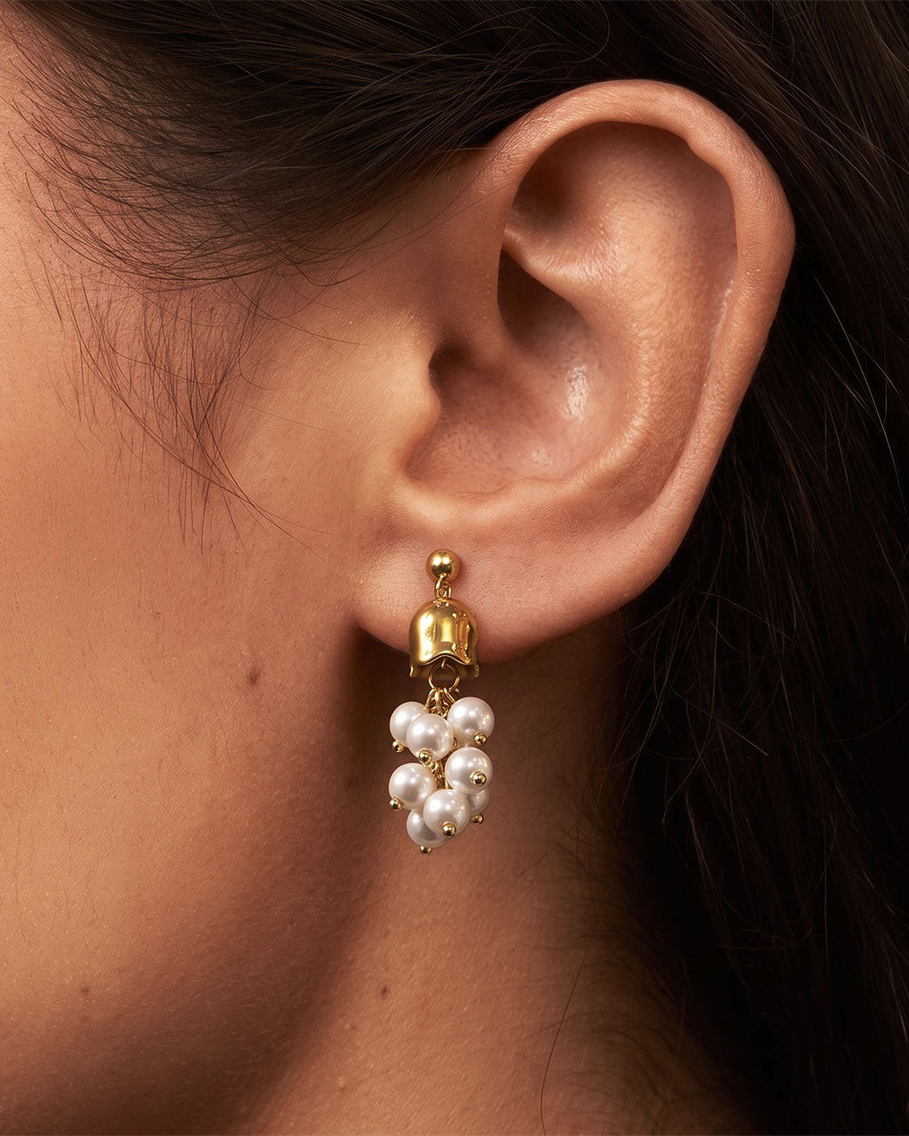 Pearl Cluster Bell Flower Drop Waterproof Gold Earrings