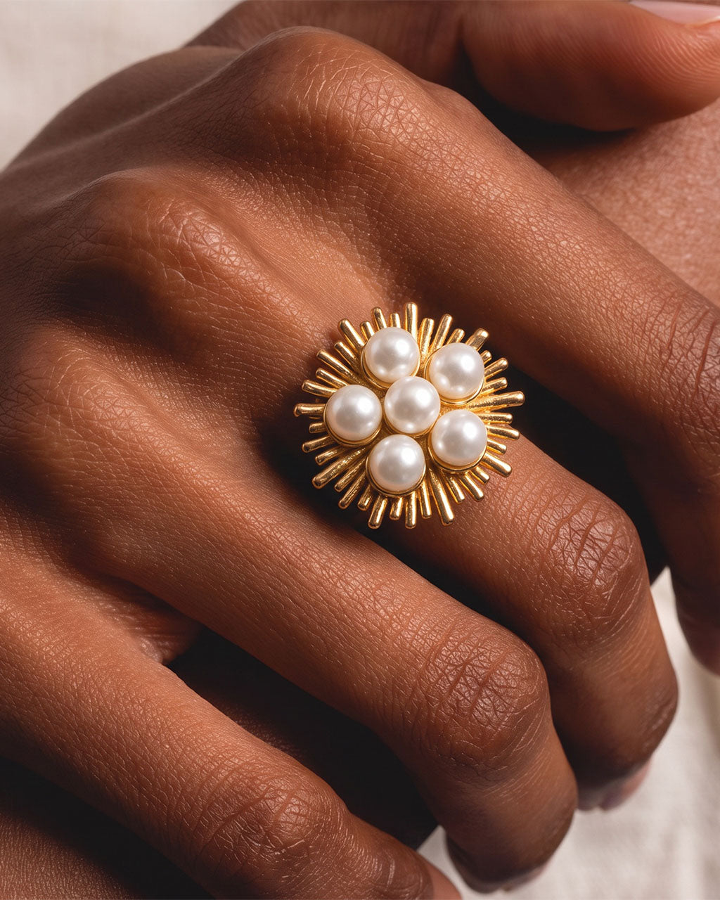 Pearl Cluster Sunburst Adjustable Waterproof Gold Ring