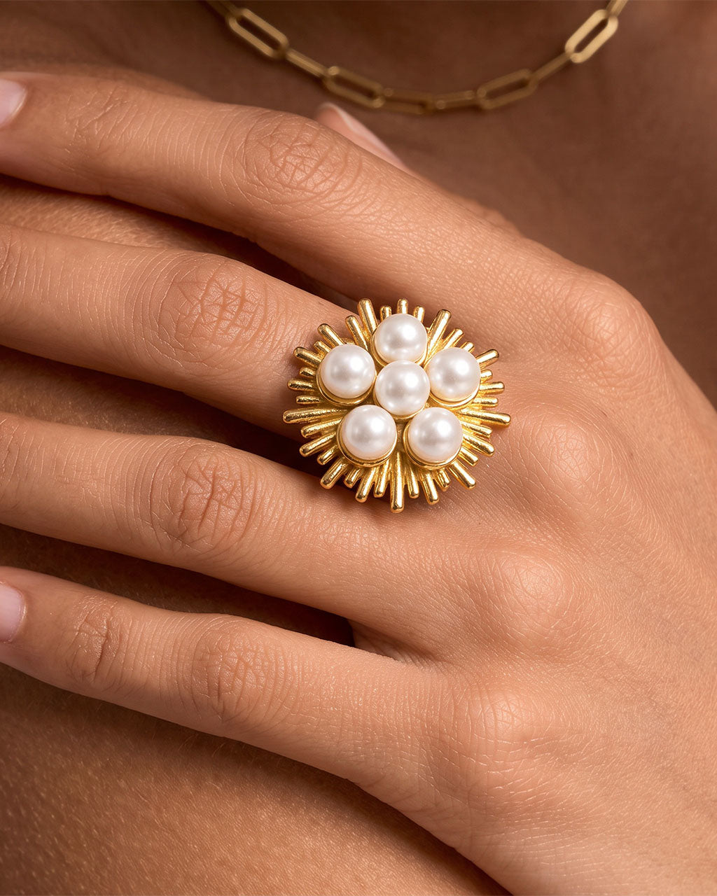 Pearl Cluster Sunburst Adjustable Waterproof Gold Ring