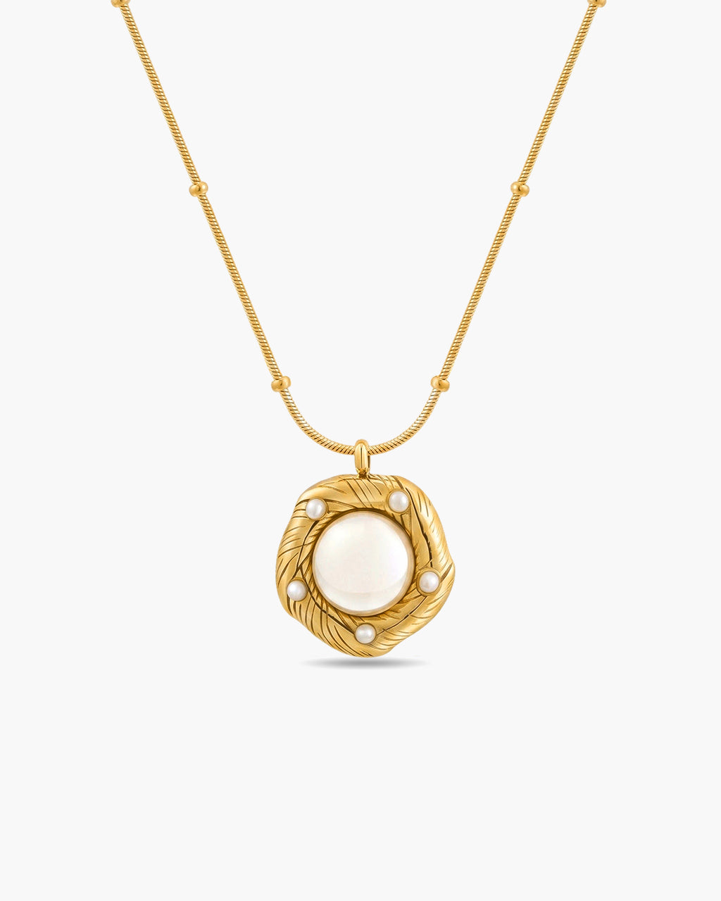 Pearl Dome Beaded Herringbone Waterproof Gold Necklace
