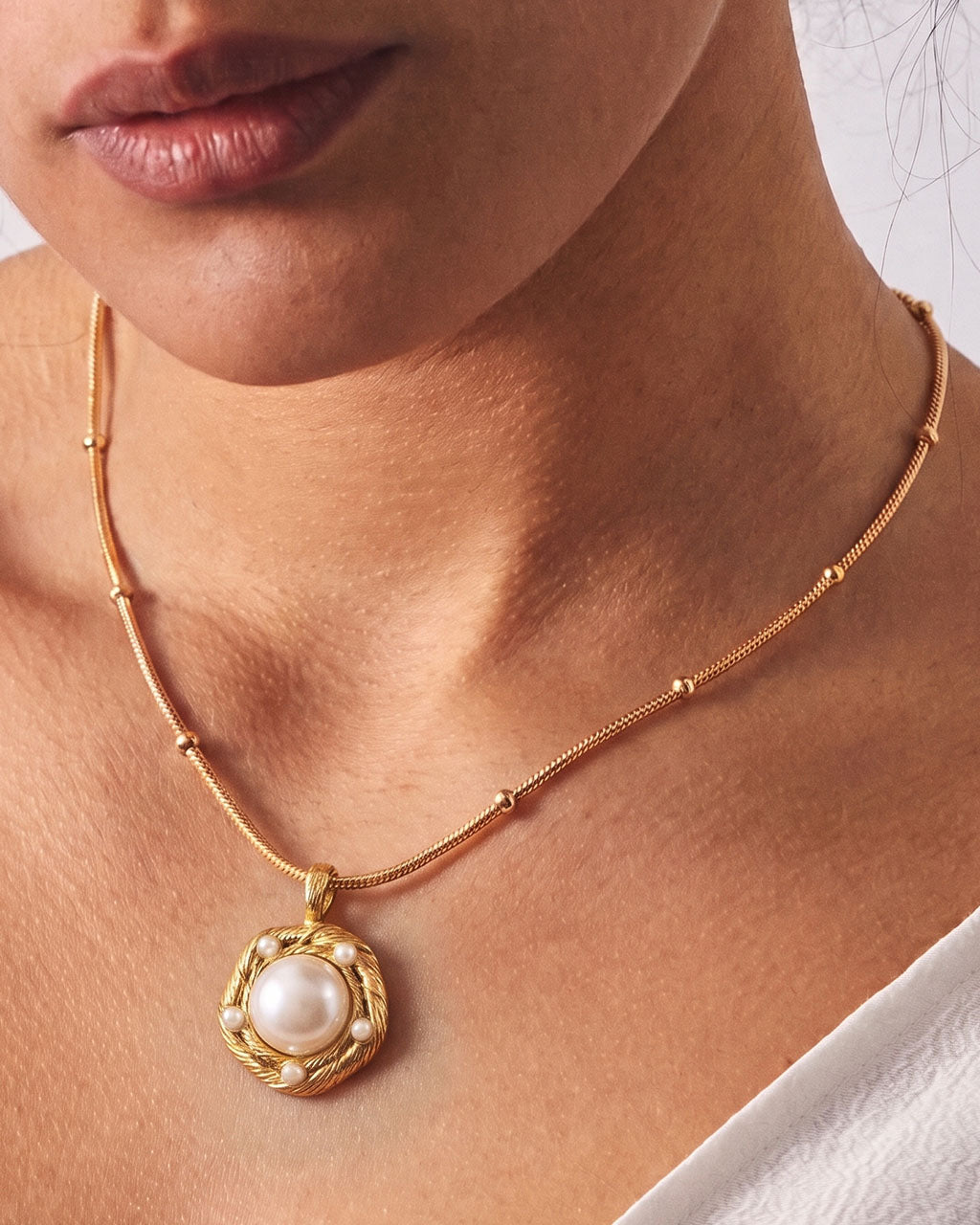 Pearl Dome Beaded Herringbone Waterproof Gold Necklace