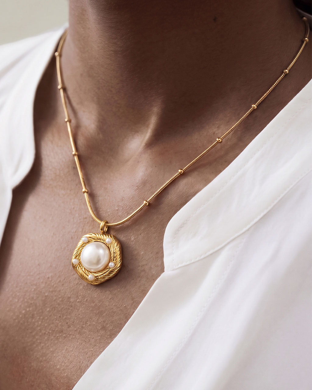 Pearl Dome Beaded Herringbone Waterproof Gold Necklace