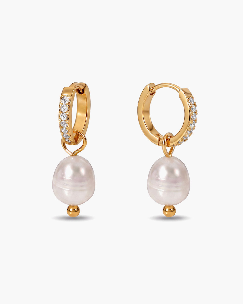Pearl Drop Pave Huggie Hoop Waterproof Gold Earrings