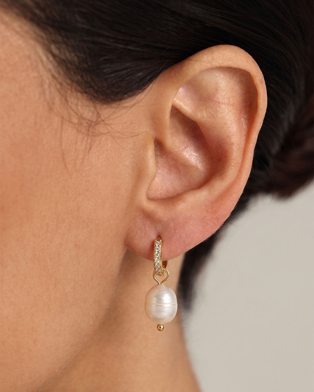 Pearl Drop Pave Huggie Hoop Waterproof Gold Earrings